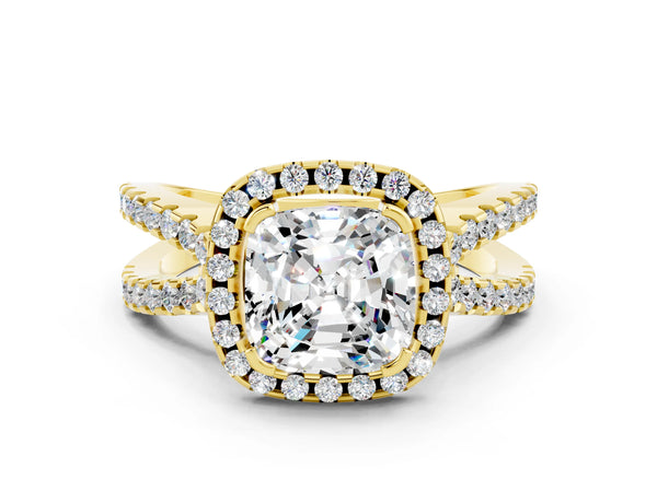 Yellow gold Cushion Cut Moissanite Halo Ring with Split Shank Pavé Band and Prong Setting