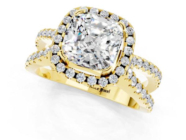 Yellow gold Cushion Cut Moissanite Halo Ring with Split Shank Pavé Band and Prong Setting