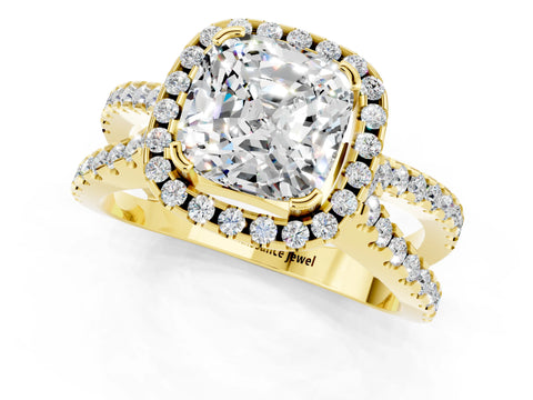 Yellow gold Cushion Cut Moissanite Halo Ring with Split Shank Pavé Band and Prong Setting_1