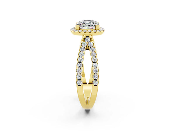 Yellow gold Cushion Cut Moissanite Halo Ring with Split Shank Pavé Band and Prong Setting