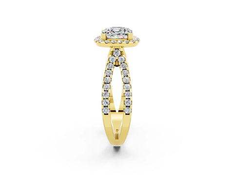 Yellow gold Cushion Cut Moissanite Halo Ring with Split Shank Pavé Band and Prong Setting_2