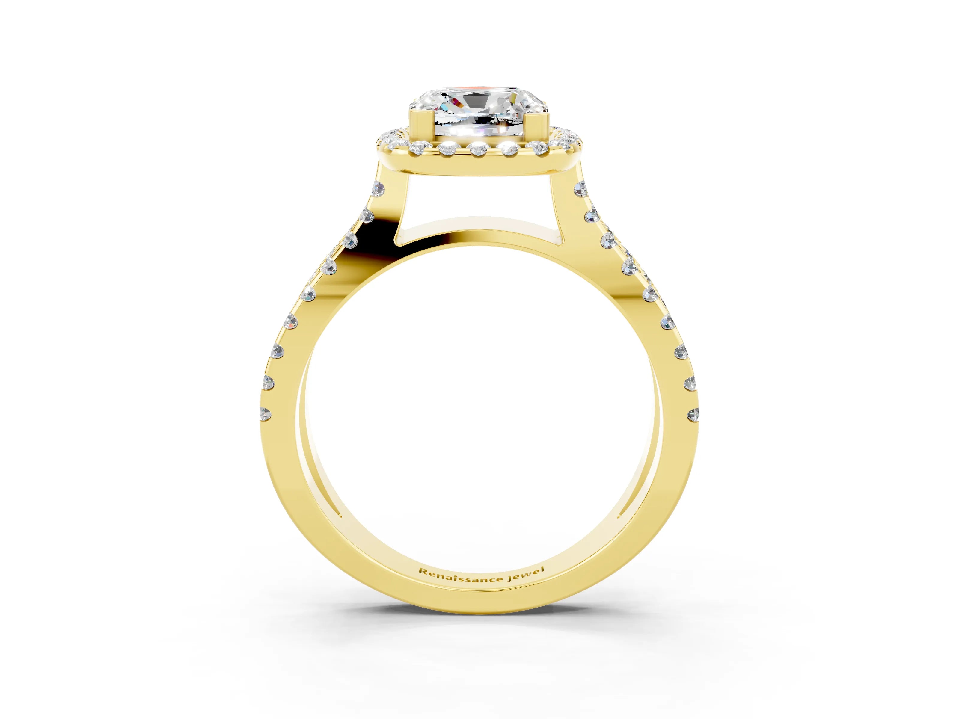 Yellow gold Cushion Cut Moissanite Halo Ring with Split Shank Pavé Band and Prong Setting_3