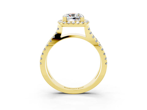 Yellow gold Cushion Cut Moissanite Halo Ring with Split Shank Pavé Band and Prong Setting_3