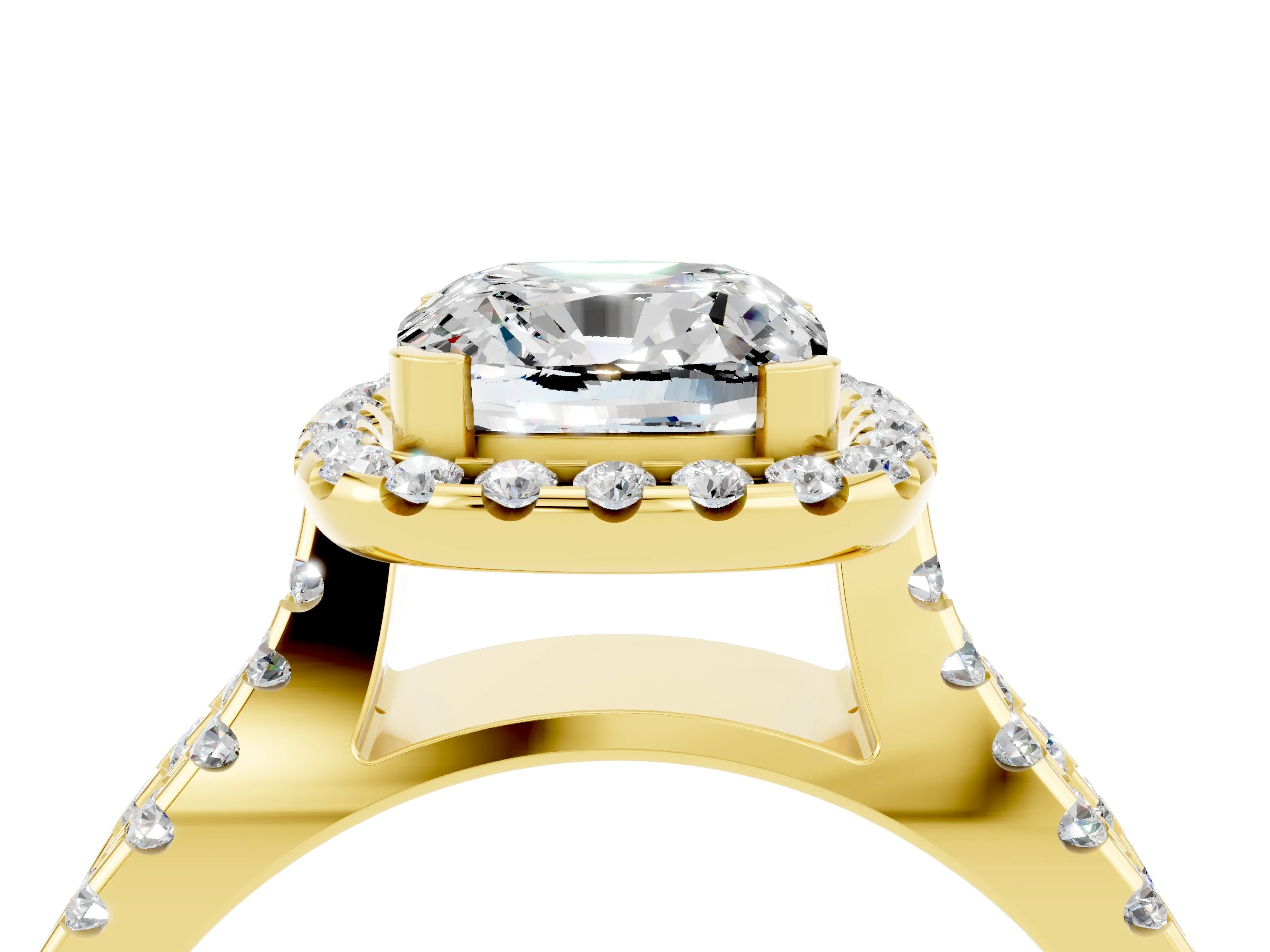 Yellow gold Cushion Cut Moissanite Halo Ring with Split Shank Pavé Band and Prong Setting_4