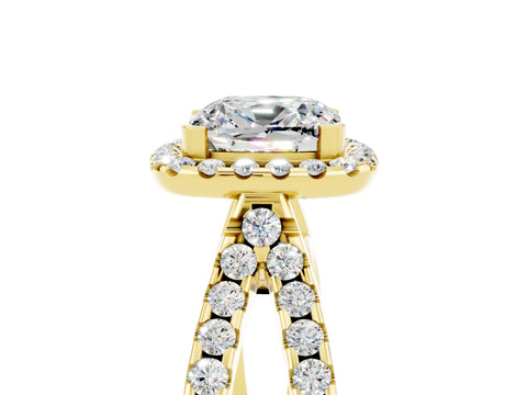 Yellow gold Cushion Cut Moissanite Halo Ring with Split Shank Pavé Band and Prong Setting_5