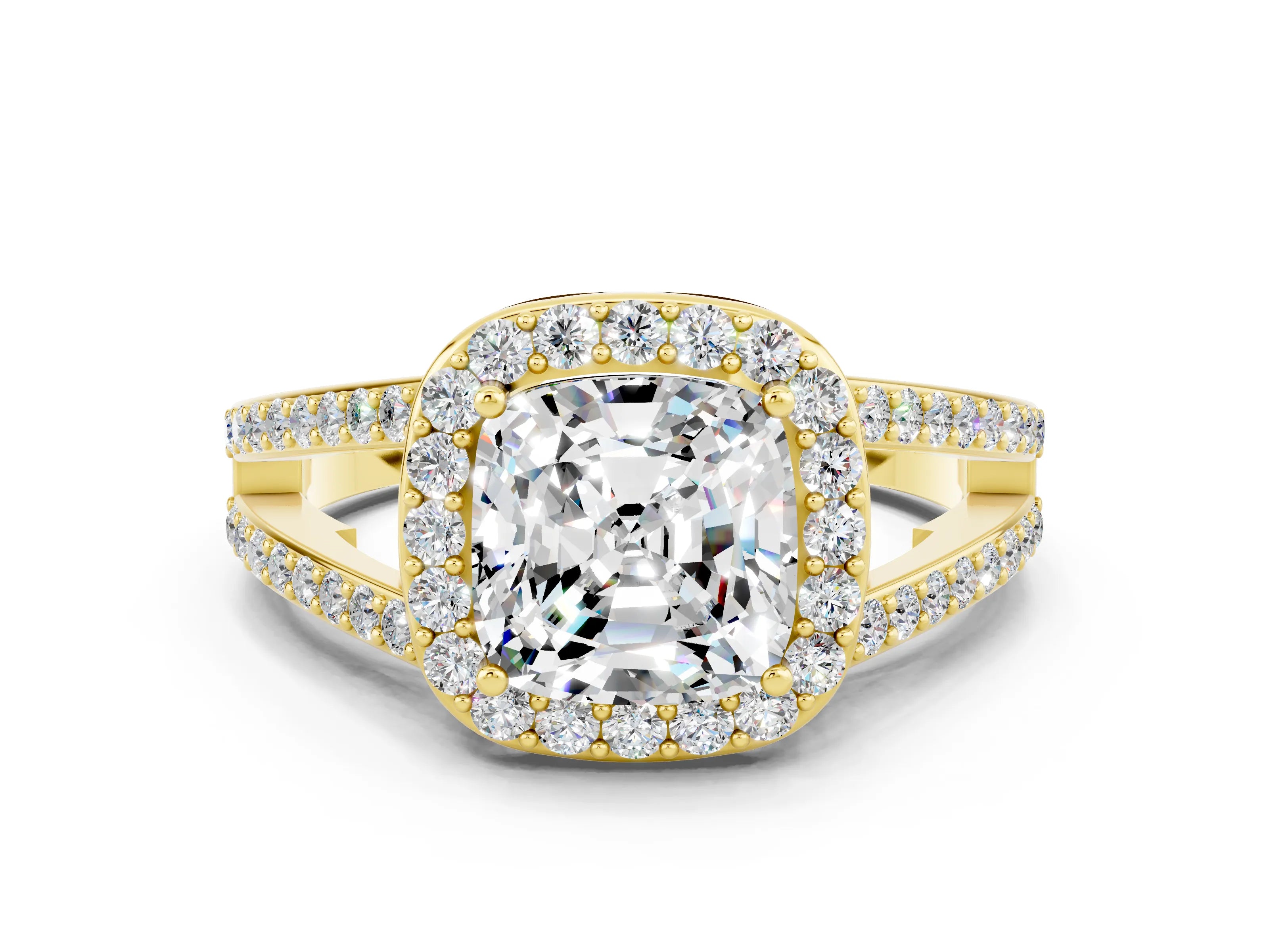 Yellow gold Cushion Cut Moissanite Halo Ring with Split Shank U-Prong Band and Four-Prong Setting