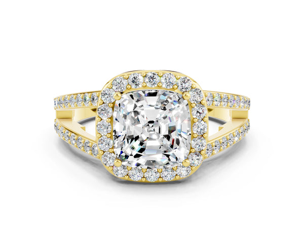 Yellow gold Cushion Cut Moissanite Halo Ring with Split Shank U-Prong Band and Four-Prong Setting