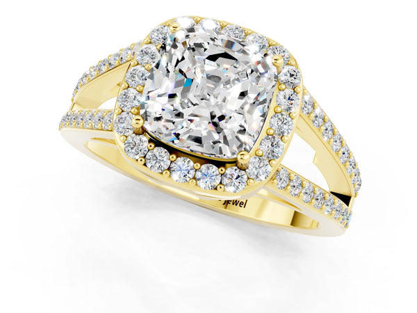 Yellow gold Cushion Cut Moissanite Halo Ring with Split Shank U-Prong Band and Four-Prong Setting