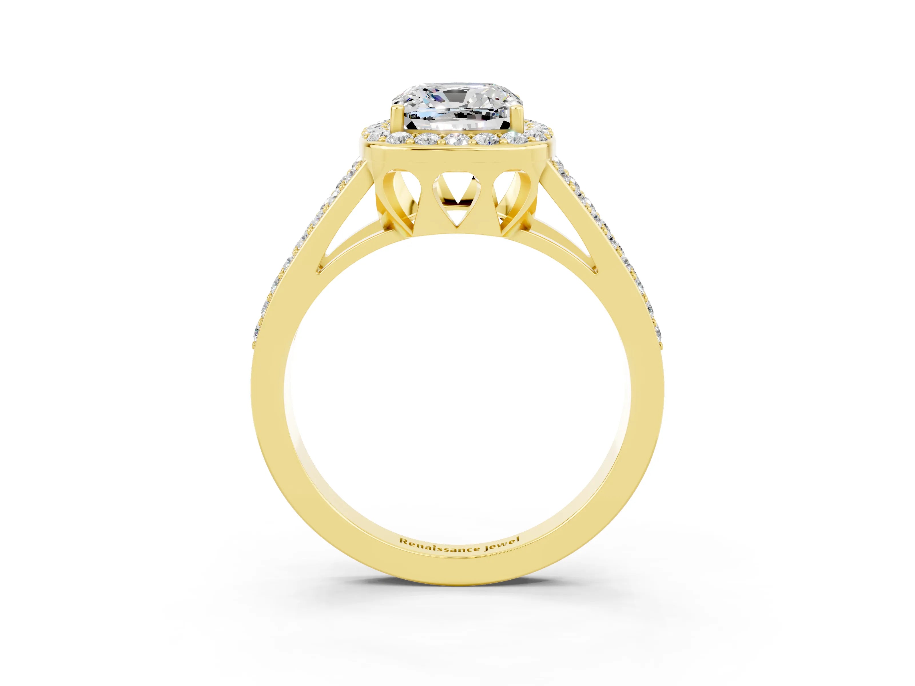 Yellow gold Cushion Cut Moissanite Halo Ring with Split Shank U-Prong Band and Four-Prong Setting_3
