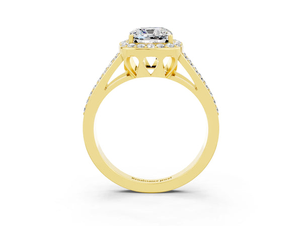 Yellow gold Cushion Cut Moissanite Halo Ring with Split Shank U-Prong Band and Four-Prong Setting
