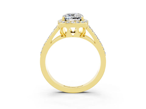 Yellow gold Cushion Cut Moissanite Halo Ring with Split Shank U-Prong Band and Four-Prong Setting_3