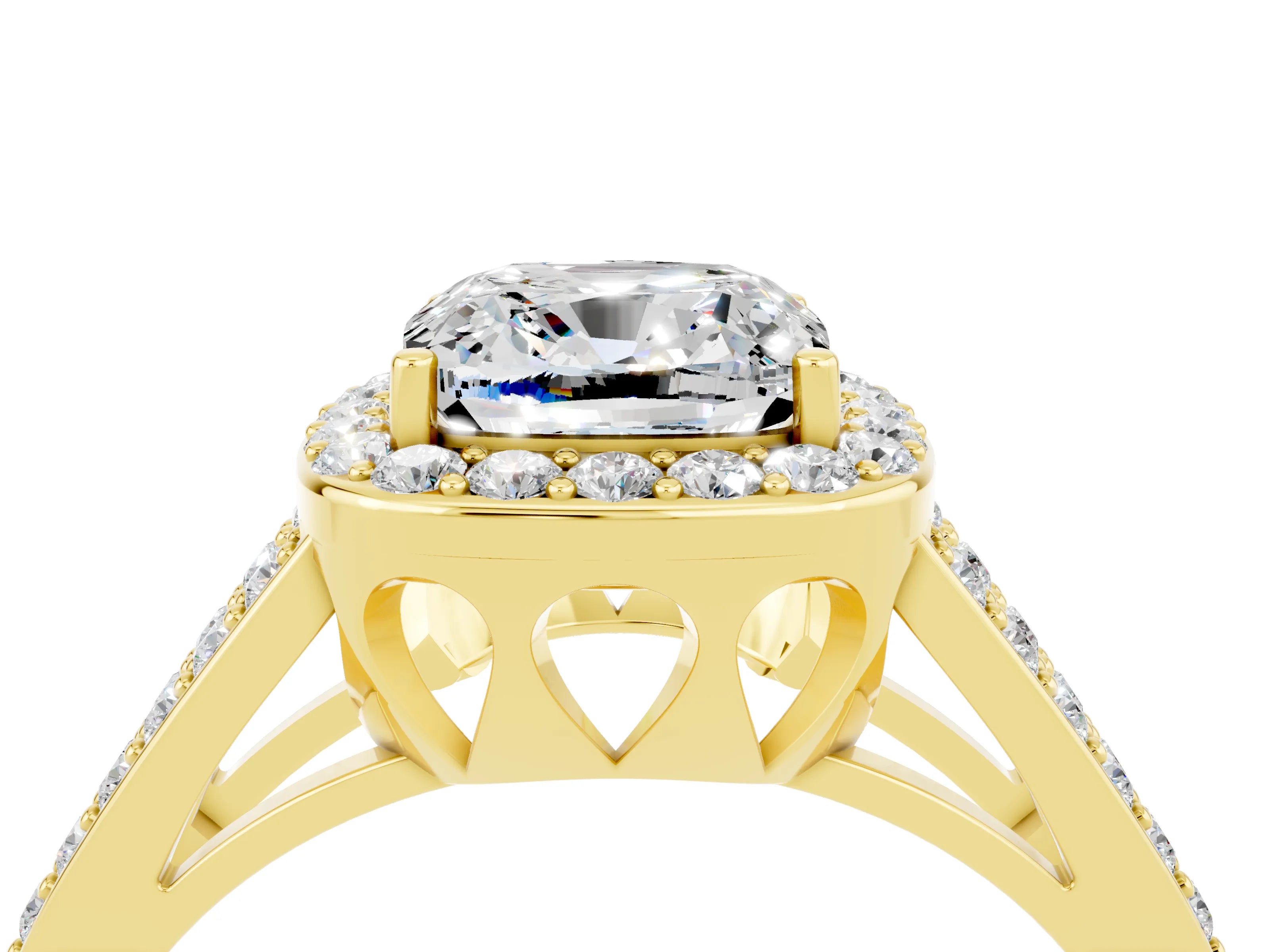 Yellow gold Cushion Cut Moissanite Halo Ring with Split Shank U-Prong Band and Four-Prong Setting_4