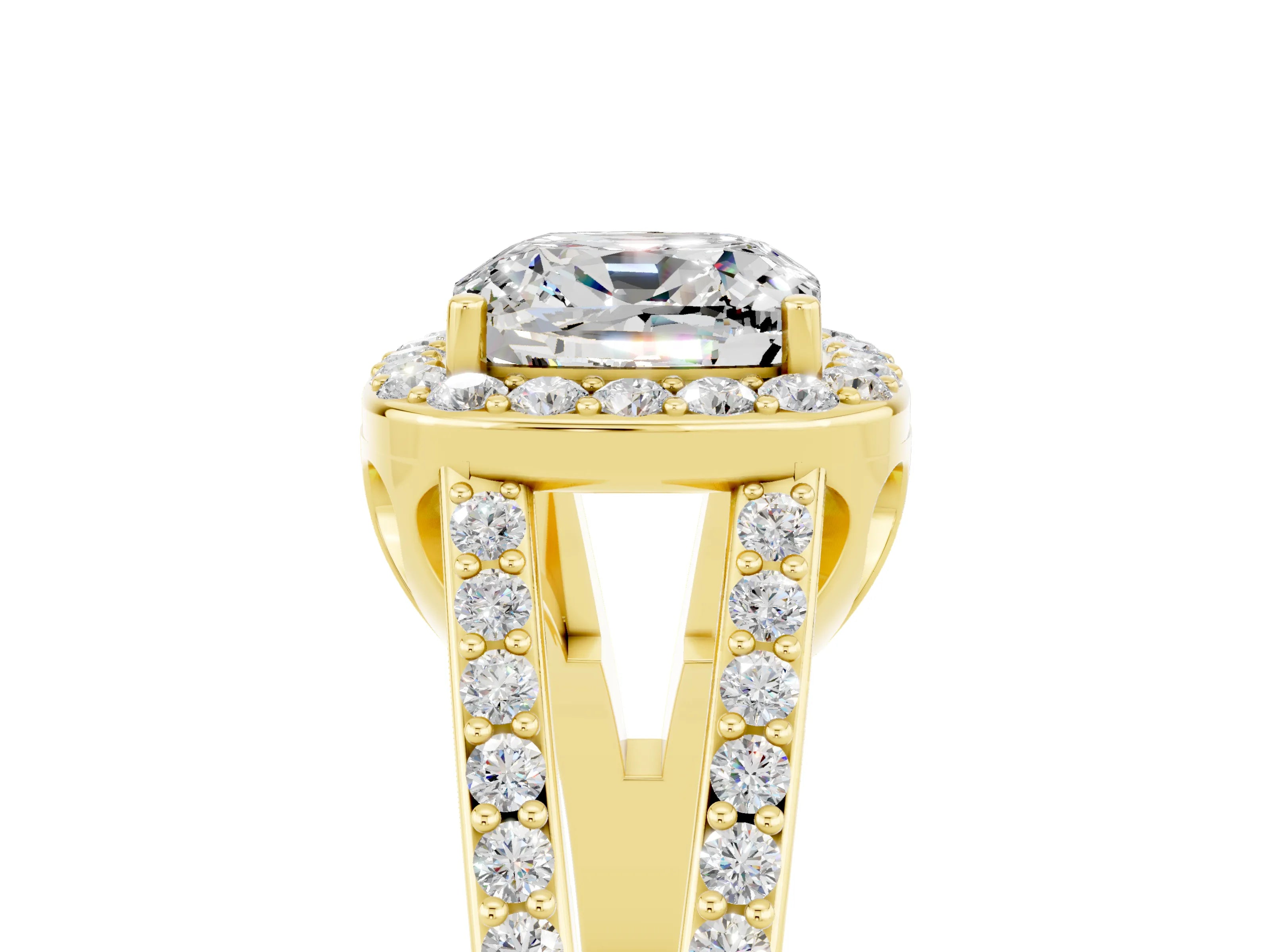 Yellow gold Cushion Cut Moissanite Halo Ring with Split Shank U-Prong Band and Four-Prong Setting_5