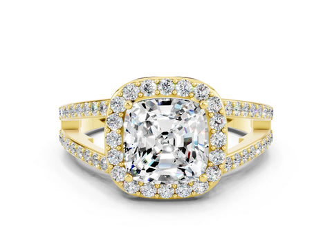Yellow gold Cushion Cut Moissanite Halo Ring with Split Shank U-Prong Band and Four-Prong Setting