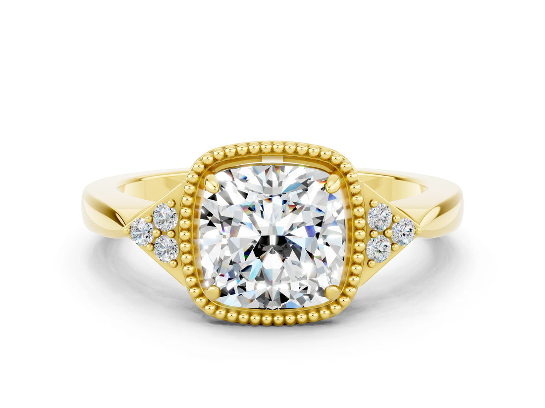 Yellow gold Cushion Cut Moissanite Halo Ring with Tapered Band and Four-Prong Setting