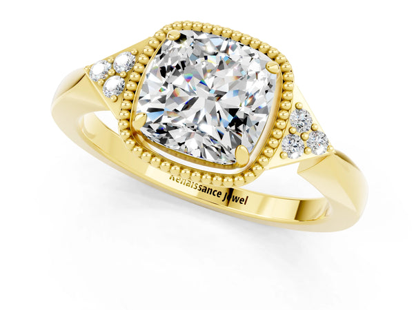 Yellow gold Cushion Cut Moissanite Halo Ring with Tapered Band and Four-Prong Setting