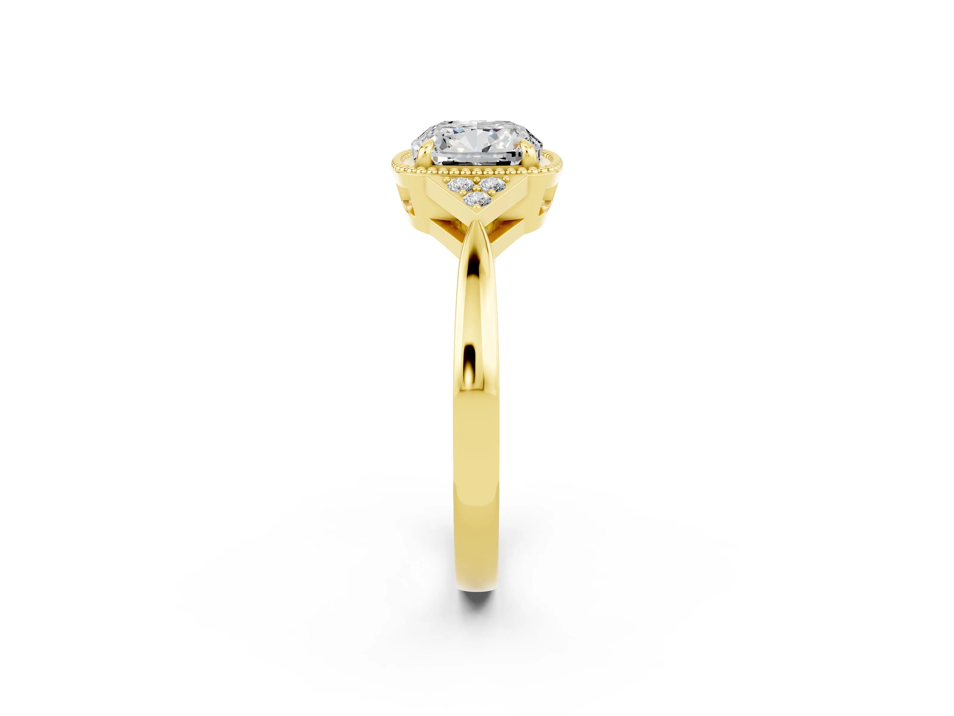 Yellow gold Cushion Cut Moissanite Halo Ring with Tapered Band and Four-Prong Setting_2