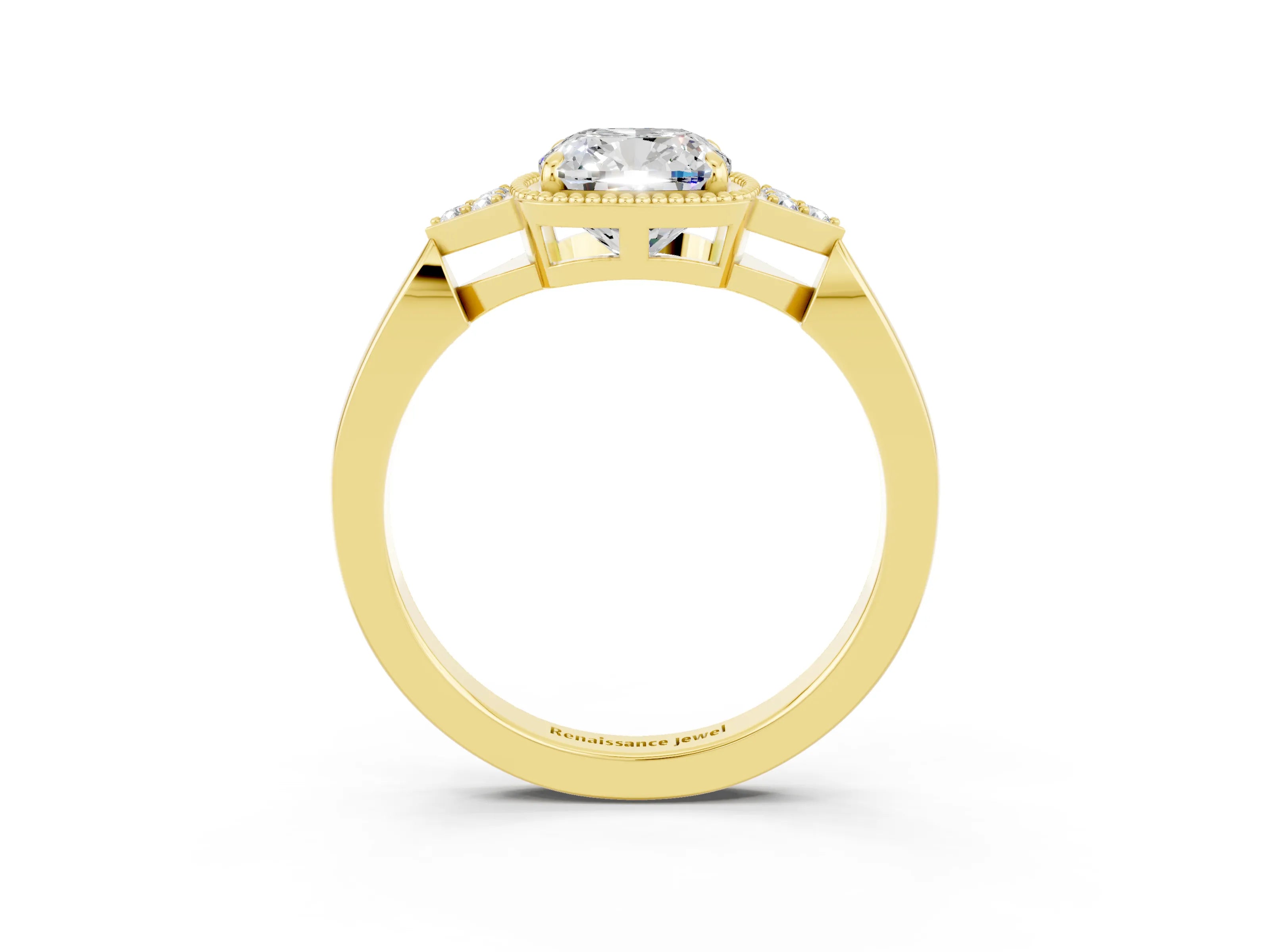 Yellow gold Cushion Cut Moissanite Halo Ring with Tapered Band and Four-Prong Setting_3
