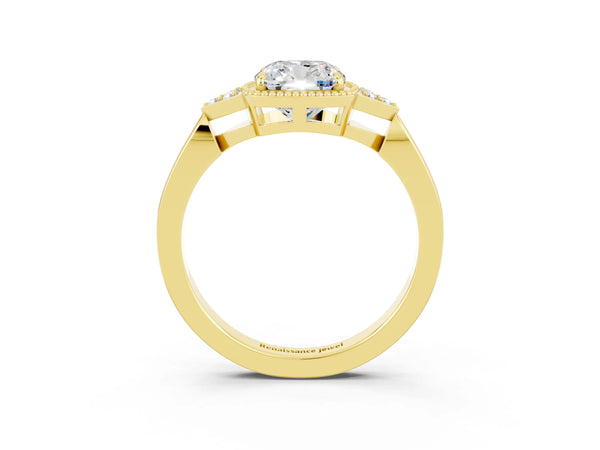 Yellow gold Cushion Cut Moissanite Halo Ring with Tapered Band and Four-Prong Setting