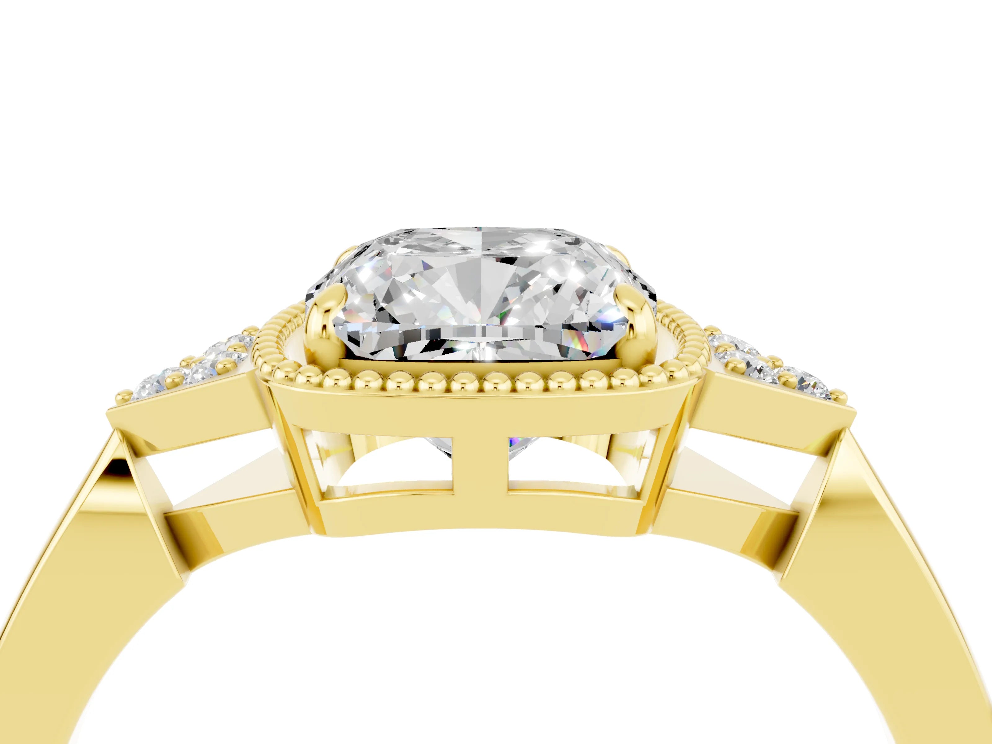 Yellow gold Cushion Cut Moissanite Halo Ring with Tapered Band and Four-Prong Setting_4