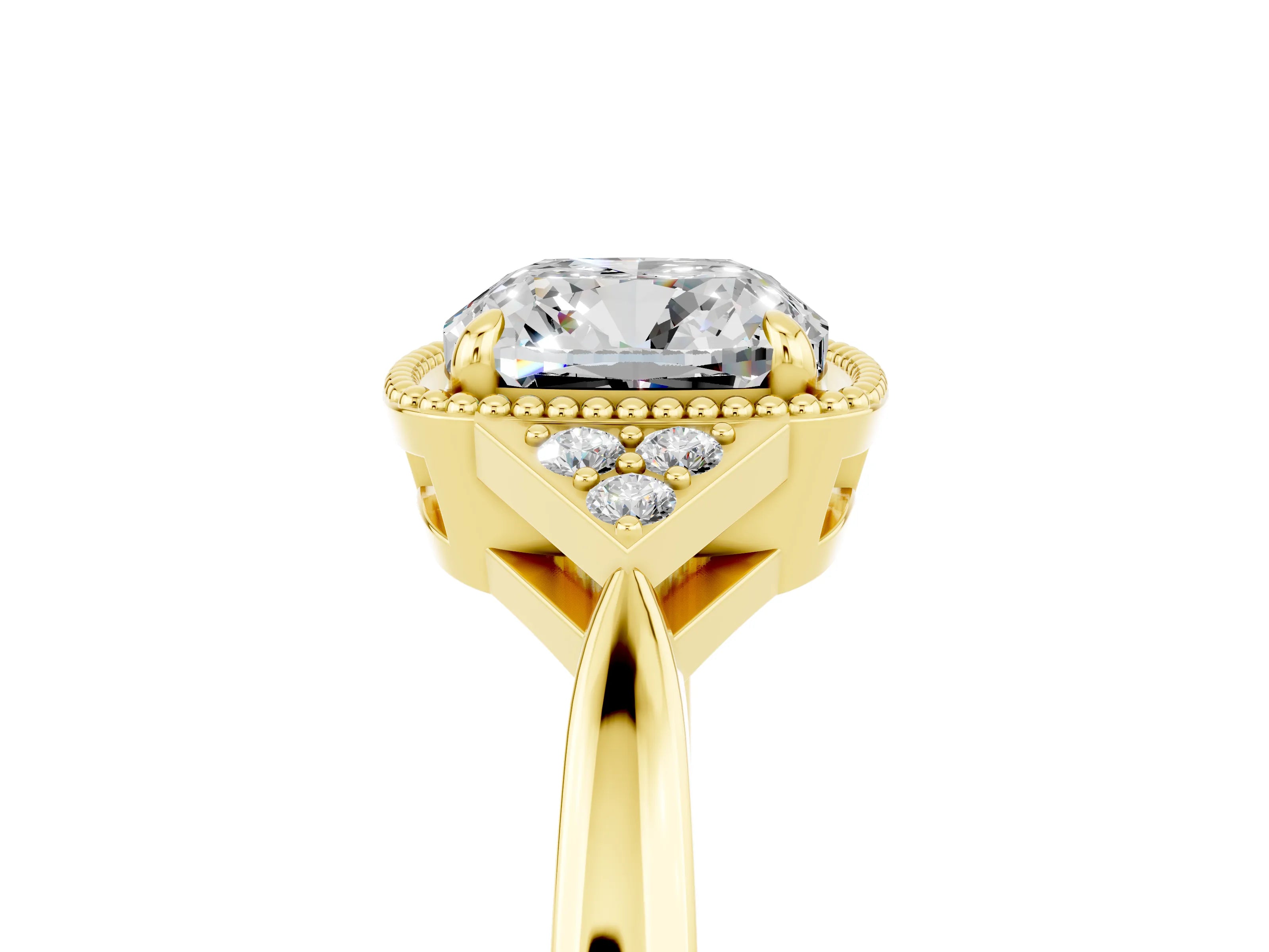 Yellow gold Cushion Cut Moissanite Halo Ring with Tapered Band and Four-Prong Setting_5