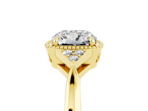 Yellow gold Cushion Cut Moissanite Halo Ring with Tapered Band and Four-Prong Setting_5