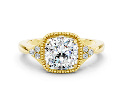 Yellow gold Cushion Cut Moissanite Halo Ring with Tapered Band and Four-Prong Setting