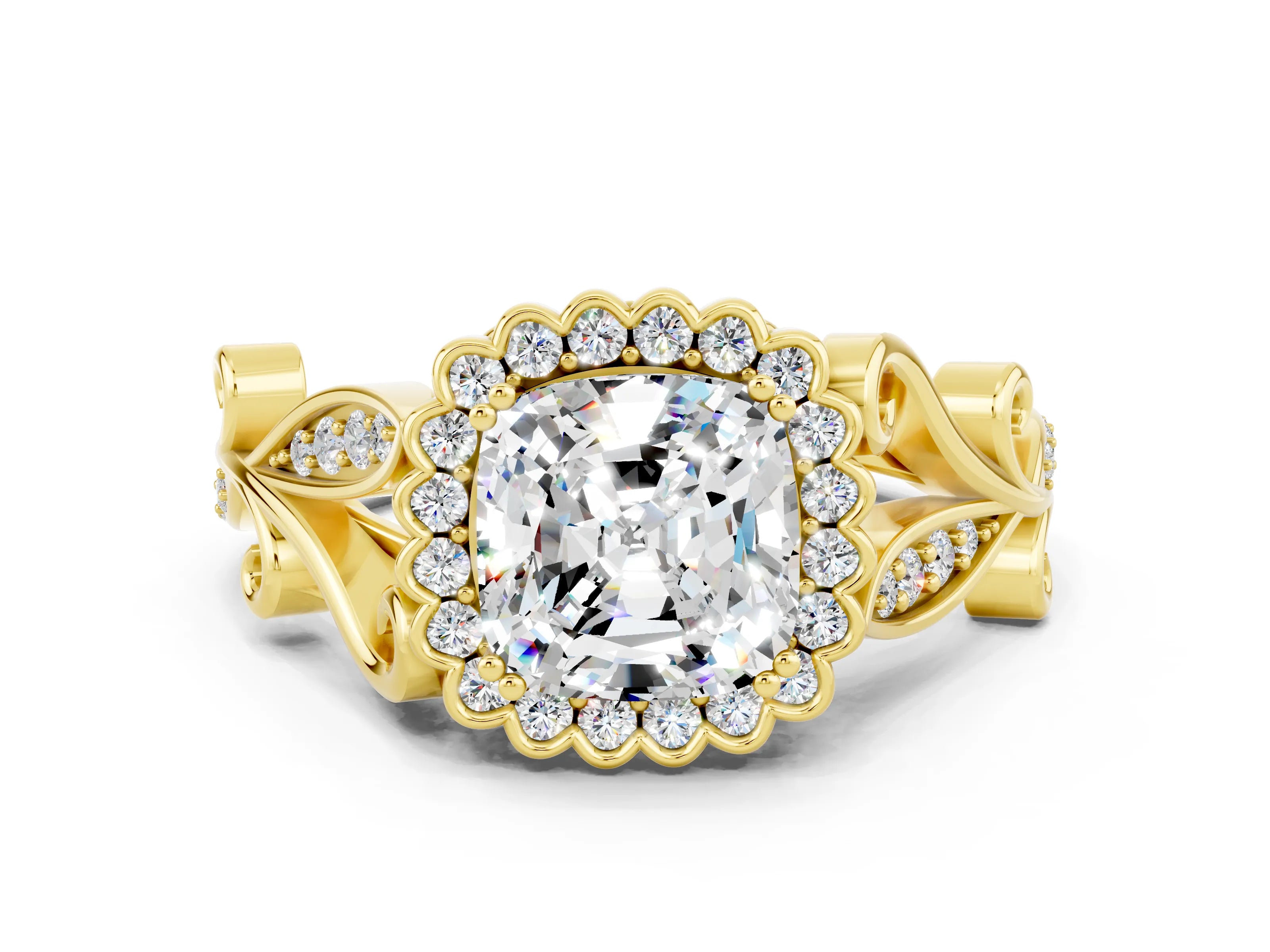 Yellow gold Cushion Cut Moissanite Halo Ring with Vintage Split Shank and Four-Prong Setting