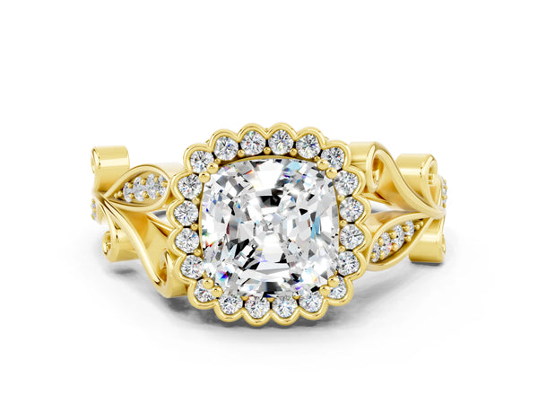 Yellow gold Cushion Cut Moissanite Halo Ring with Vintage Split Shank and Four-Prong Setting