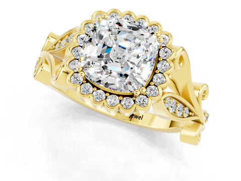 Yellow gold Cushion Cut Moissanite Halo Ring with Vintage Split Shank and Four-Prong Setting_1