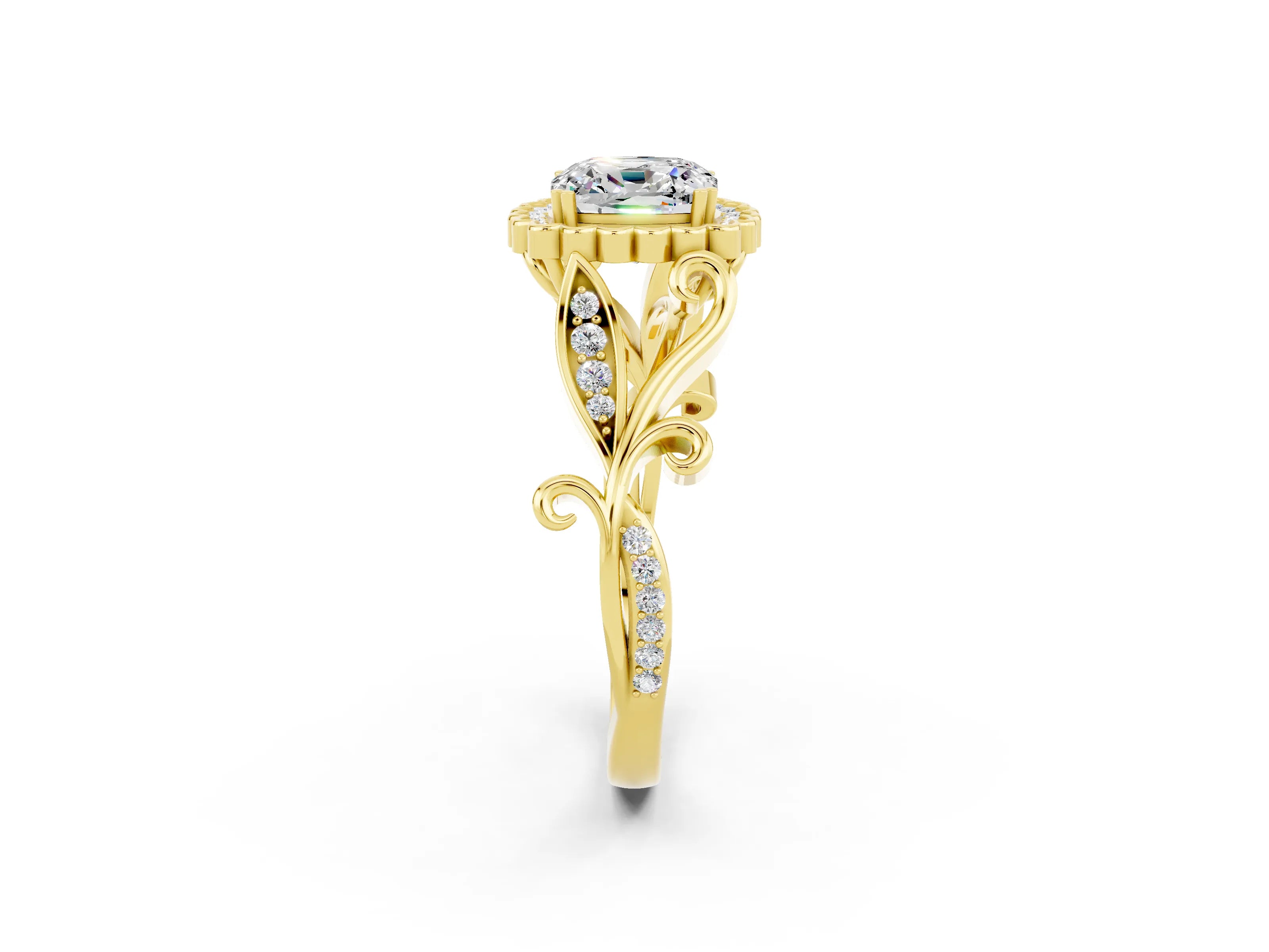 Yellow gold Cushion Cut Moissanite Halo Ring with Vintage Split Shank and Four-Prong Setting_2