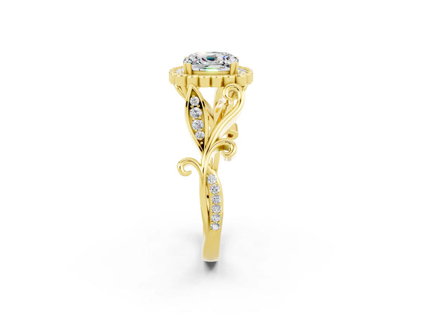Yellow gold Cushion Cut Moissanite Halo Ring with Vintage Split Shank and Four-Prong Setting