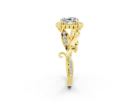 Yellow gold Cushion Cut Moissanite Halo Ring with Vintage Split Shank and Four-Prong Setting_2