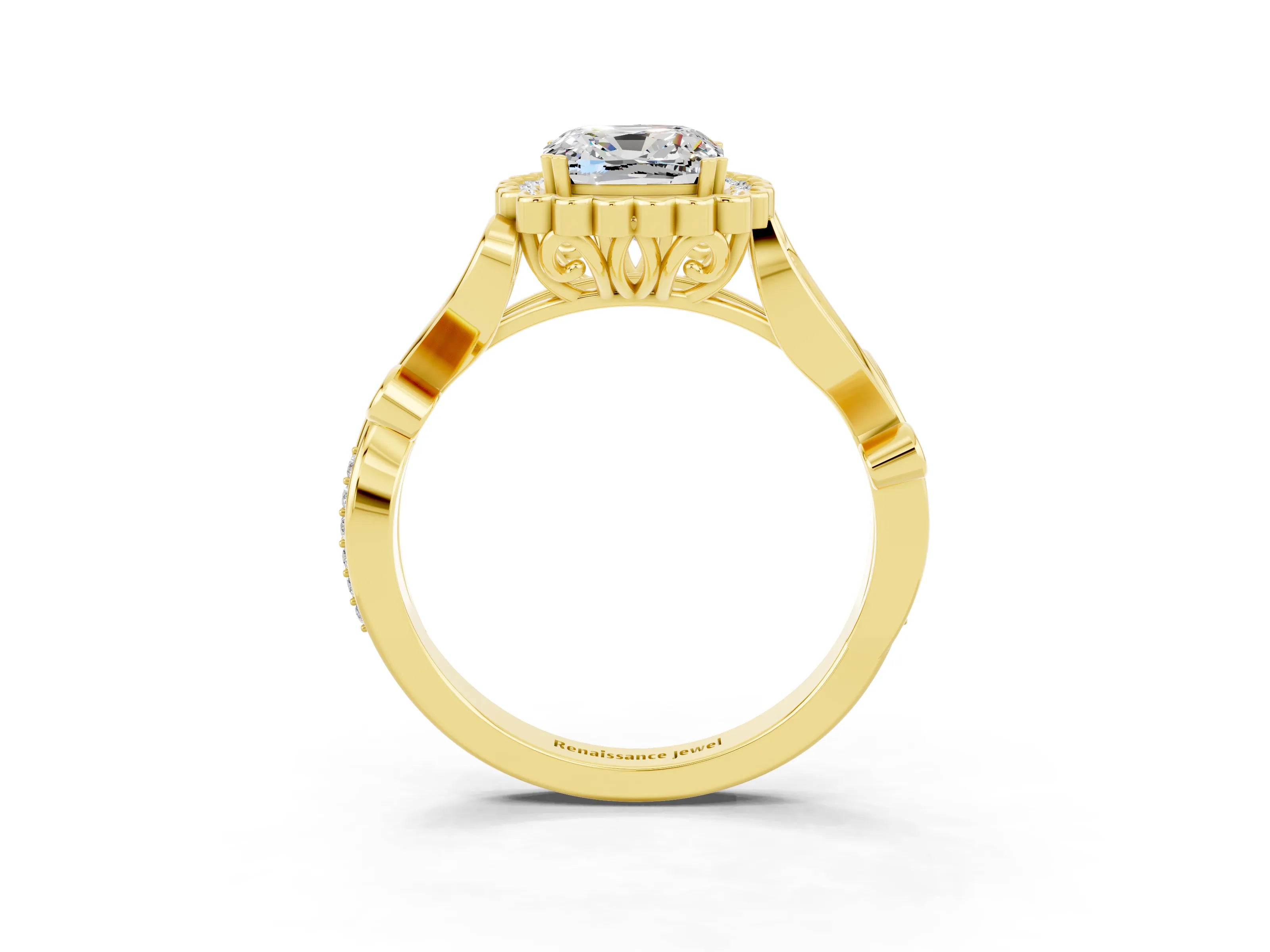 Yellow gold Cushion Cut Moissanite Halo Ring with Vintage Split Shank and Four-Prong Setting_3