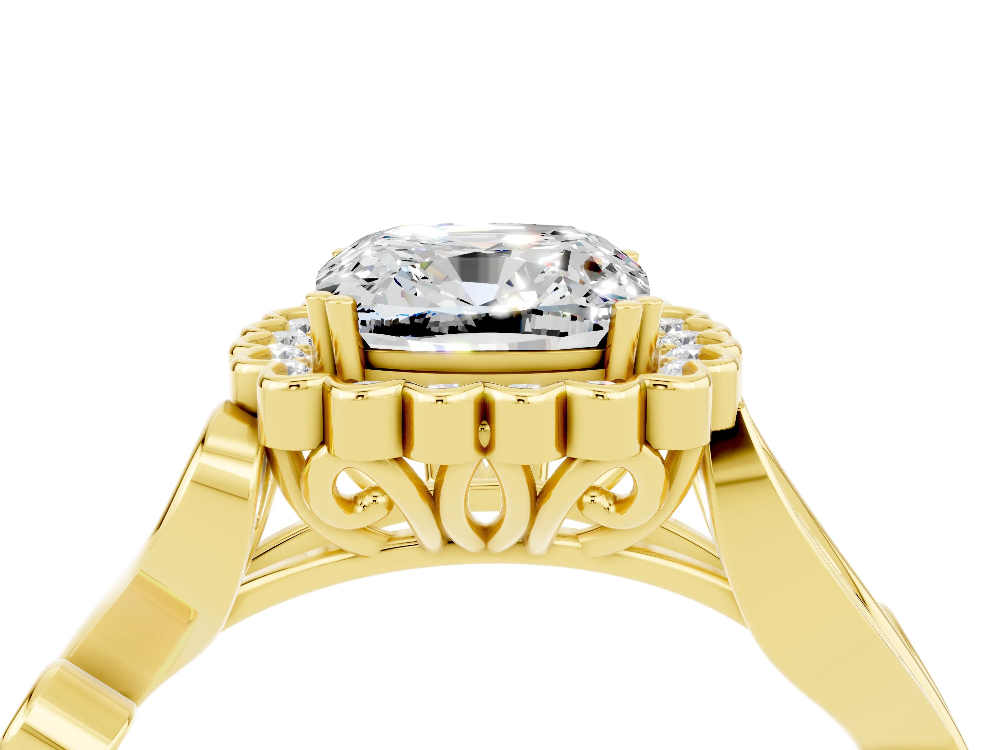 Yellow gold Cushion Cut Moissanite Halo Ring with Vintage Split Shank and Four-Prong Setting_4
