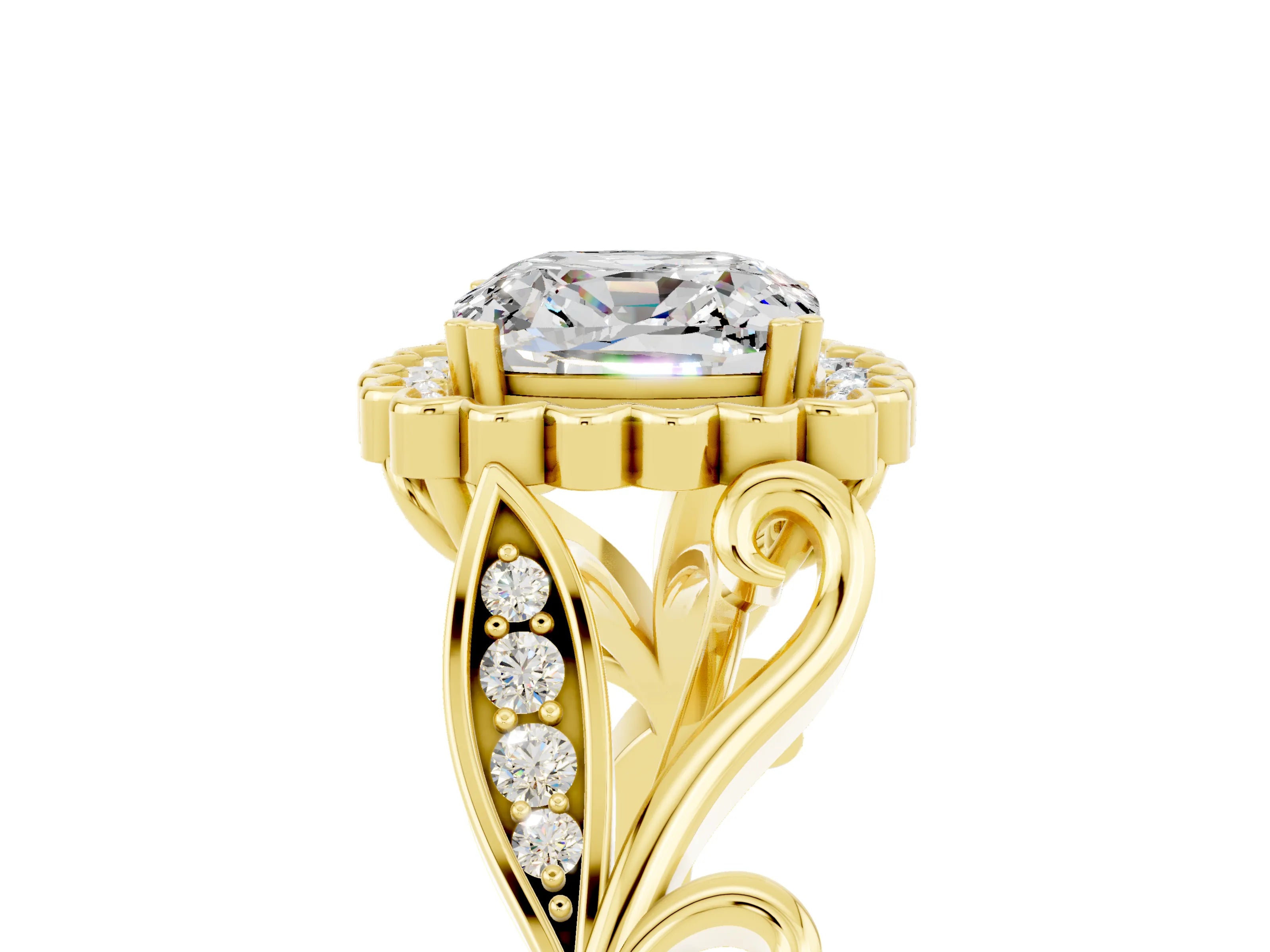 Yellow gold Cushion Cut Moissanite Halo Ring with Vintage Split Shank and Four-Prong Setting_5