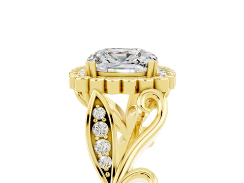 Yellow gold Cushion Cut Moissanite Halo Ring with Vintage Split Shank and Four-Prong Setting_5
