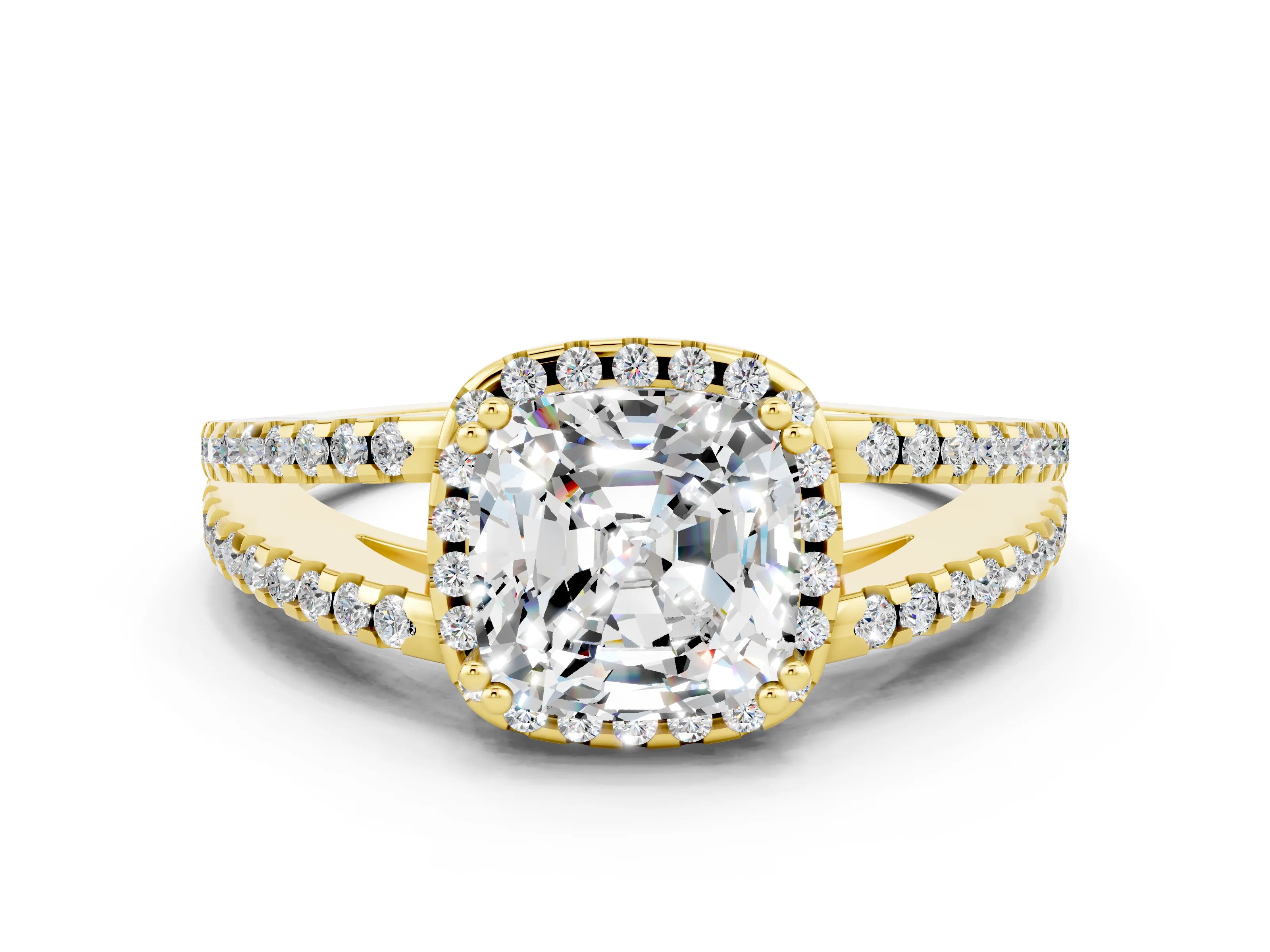 Yellow gold Cushion Cut Moissanite Halo Split Shank Engagement Ring_12