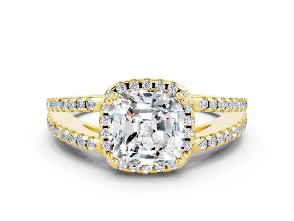 Yellow gold Cushion Cut Moissanite Halo Split Shank Engagement Ring
