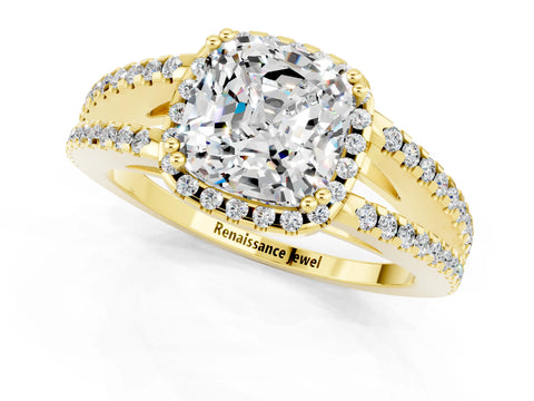 Yellow gold Cushion Cut Moissanite Halo Split Shank Engagement Ring_13