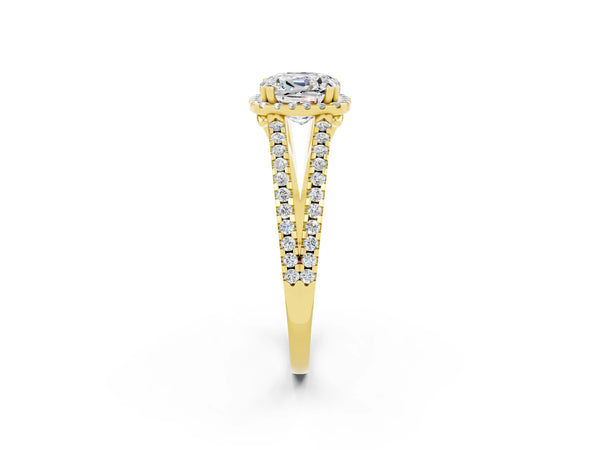 Yellow gold Cushion Cut Moissanite Halo Split Shank Engagement Ring