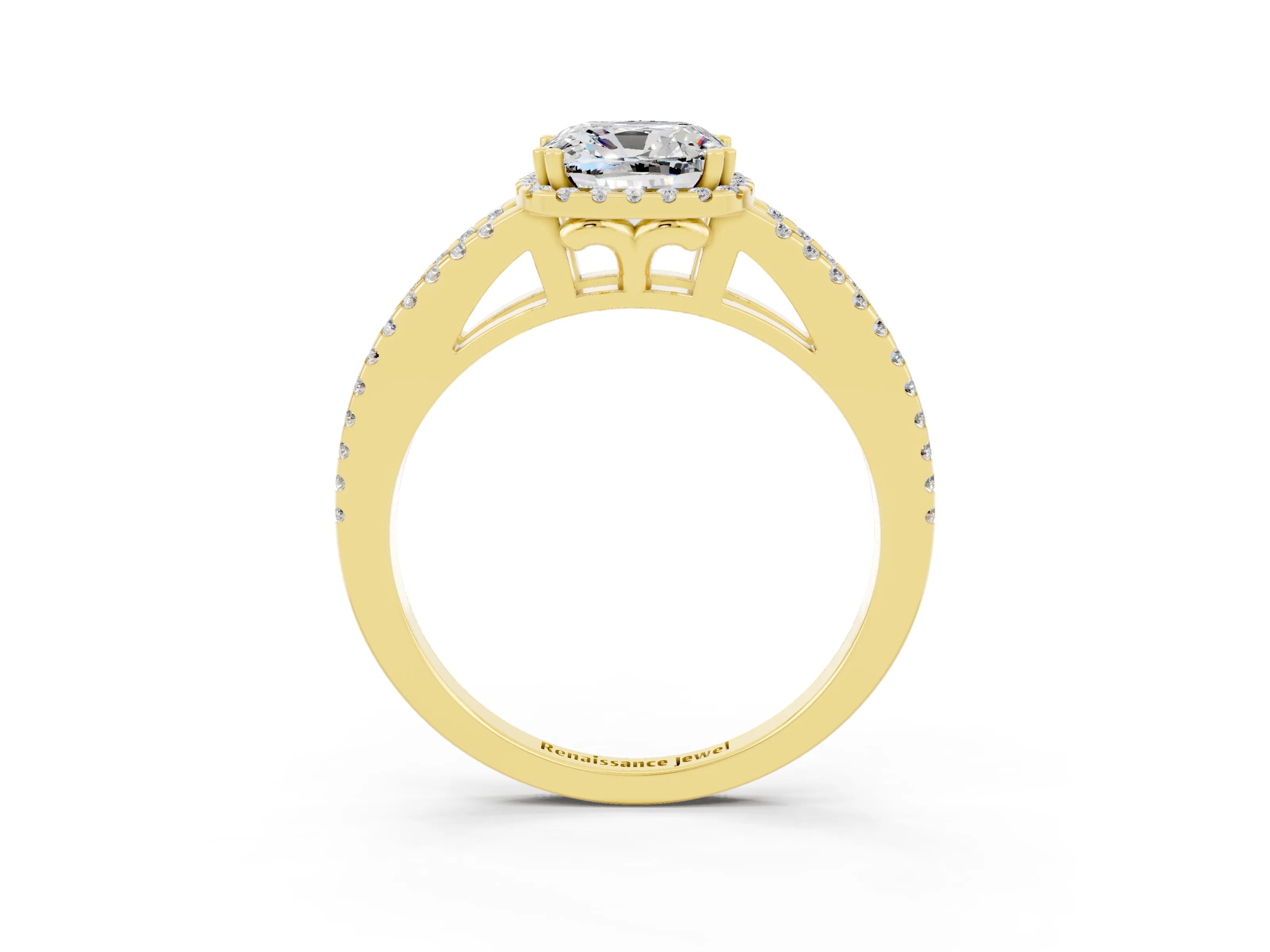 Yellow gold Cushion Cut Moissanite Halo Split Shank Engagement Ring_15