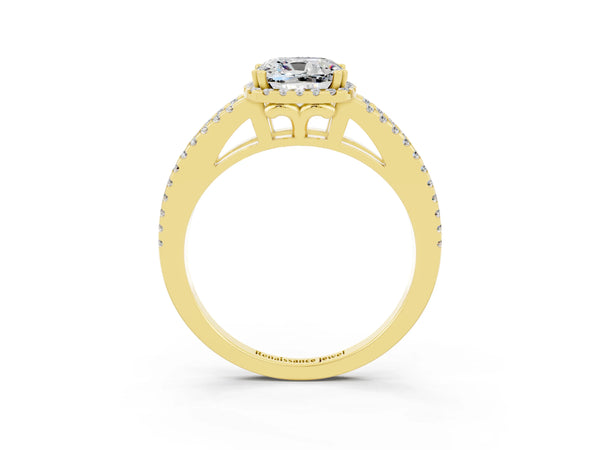 Yellow gold Cushion Cut Moissanite Halo Split Shank Engagement Ring