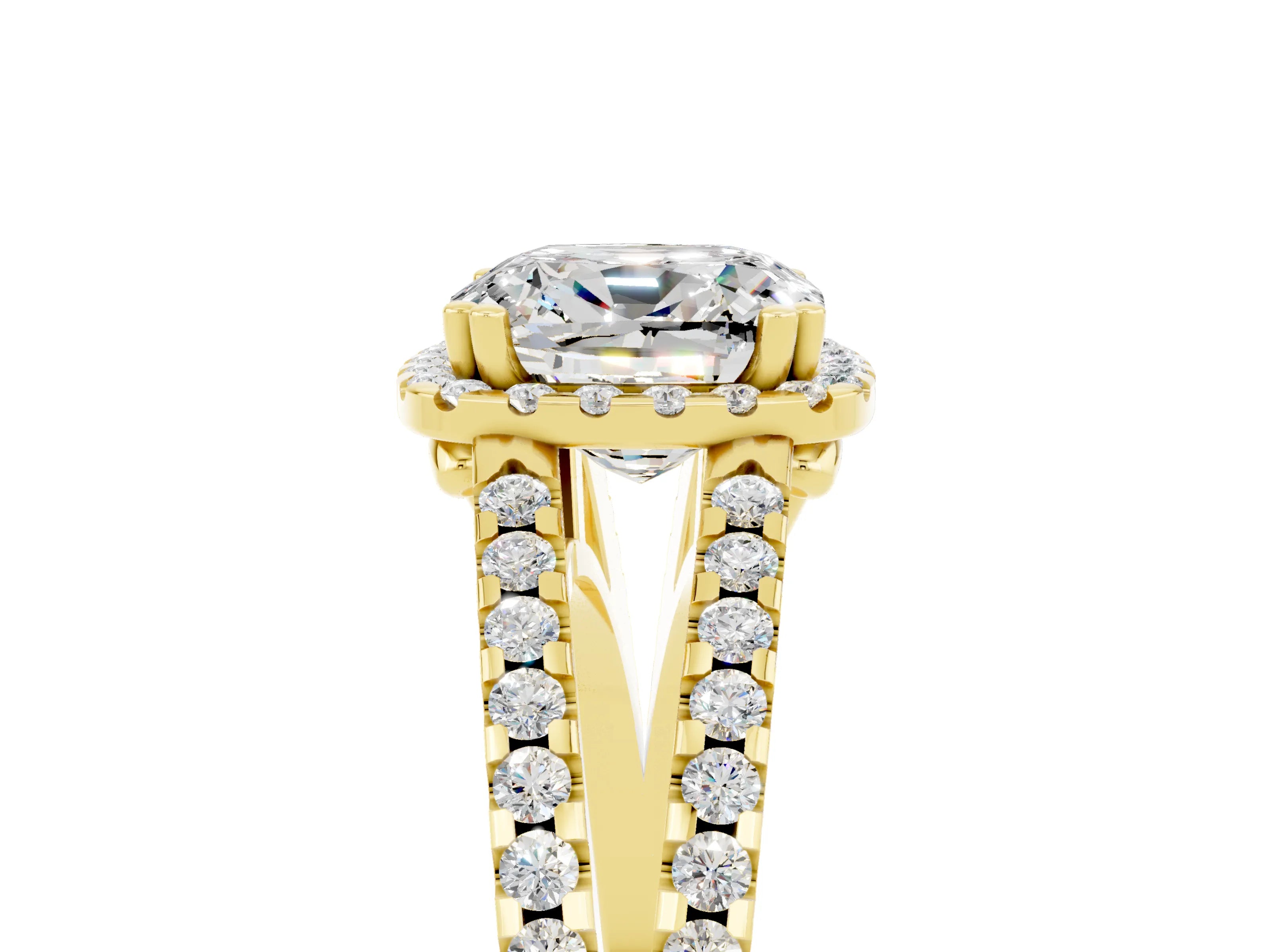 Yellow gold Cushion Cut Moissanite Halo Split Shank Engagement Ring_17