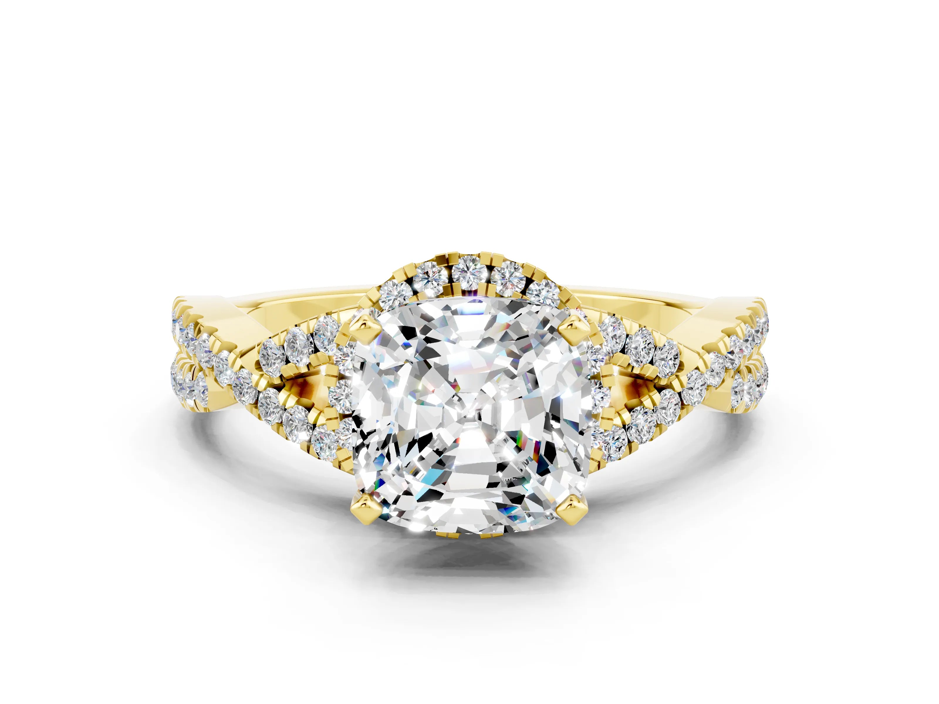 Yellow gold Cushion Cut Moissanite Halo Twist Band Solitaire Prong Setting Ring