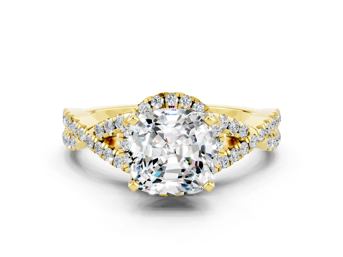 Yellow gold Cushion Cut Moissanite Halo Twist Band Solitaire Prong Setting Ring
