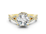 Yellow gold Cushion Cut Moissanite Halo Twist Band Solitaire Prong Setting Ring
