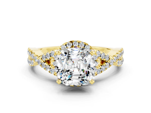 Yellow gold Cushion Cut Moissanite  Halo Twist Band Solitaire Prong Setting Ring