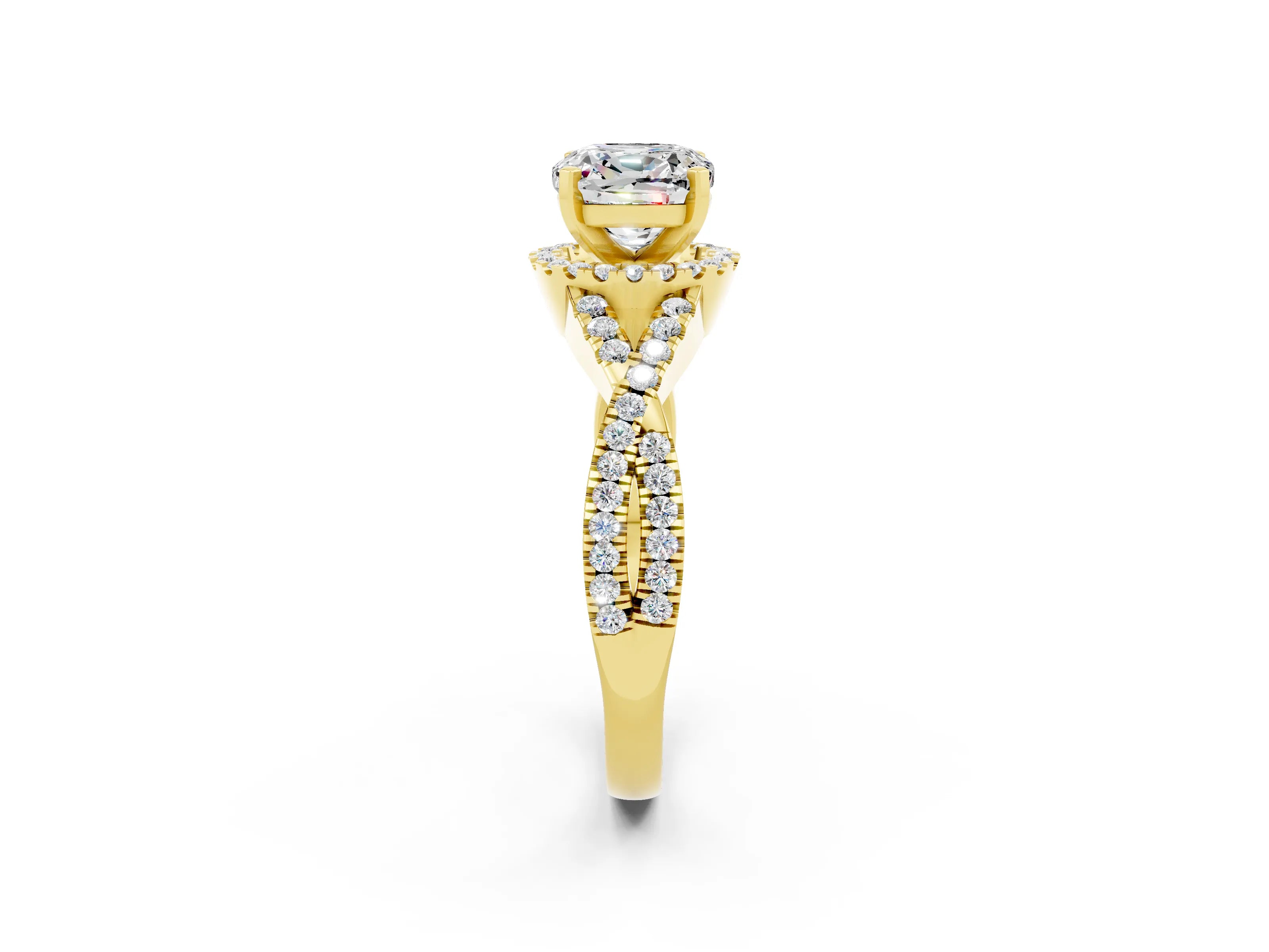 Yellow gold Cushion Cut Moissanite Halo Twist Band Solitaire Prong Setting Ring_2