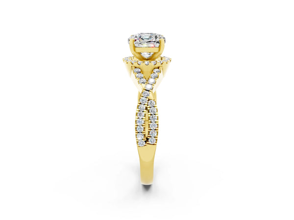 Yellow gold Cushion Cut Moissanite  Halo Twist Band Solitaire Prong Setting Ring